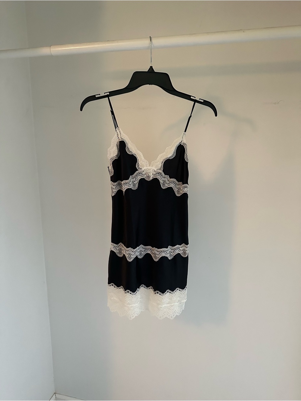 Victoria's Secret Black Satin Slip with White Lace Trim